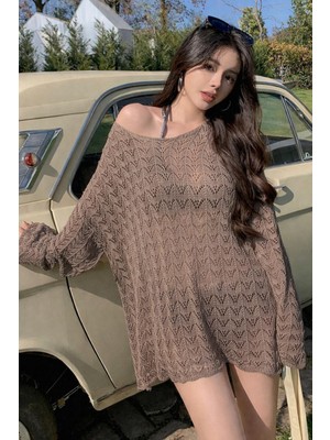 Yuga Knitting Kadın Ajurlu Triko Örme Şık Uzun Kollumini Yazlık Plaj Elbisesi Pareo