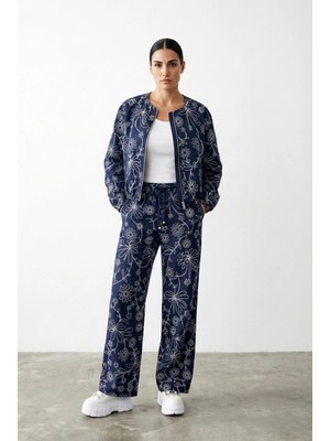 Nakış Detaylı Düz Kesim Keten Lacivert Pantolon