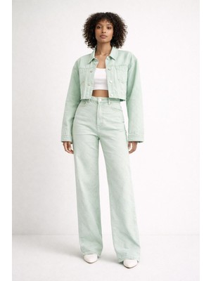 Lazer Desenli Bol Paça Buz Mavisi Denim Pantolon