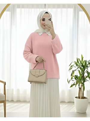 Modamorfo Bisiklet Yaka Eteği Fitilli Salaş Triko Kazak      -Pudra