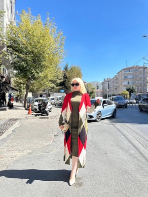 Dua Giyim Uzun Hırka Içi Elbise Ikili Triko Takım Ekose Baklava Desen Haki Kırmızı