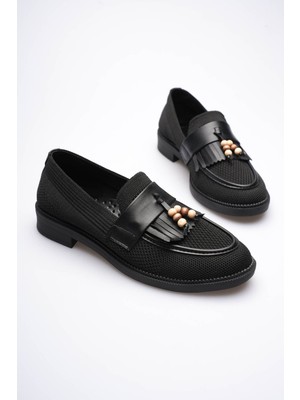 Fresco Scarfs Kadın Siyah Boncuk Püsküllü Günlük Kısa Topuklu Ayakkabı TR30MS01A