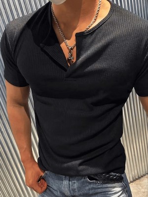 Oksit San Loe Erkek Slim Fit Likralı Henley Yaka Uzun Kollu Tişört - Düğmeli Esnek Kumaş