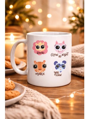 Nexgen Sevimli Hayvan Figürlü Porselen Kupa Model 70 – “roar • Glow All Night • Make • Yee Haw” Tasa