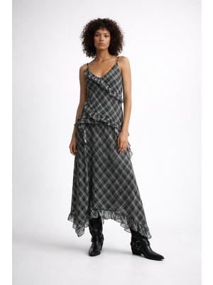 Fırfırlı Ekoseli Gri Etek