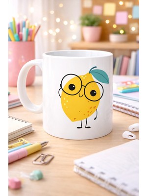 Nexgen Sevimli Limon Tasarımlı Porselen Kupa Model 121 – Gözlüklü Tatlı Limon Figürlü Kahve & Çay Ku