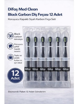 Nexgen Difaş Med Clean Black Carbon Diş Fırçası 12 Adet Standlı Koruyucu Kapaklı Siyah Karbon Fırça