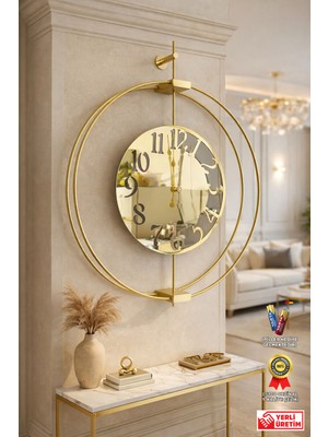 Wallover Design Xl Boy Larissa Gold Ayna Pleksili Metal Sessiz Duvar Saati - Kırılmaz Camlı Lüks Duvar Saati 60X75