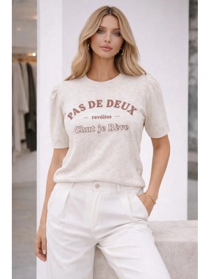 Kahverengi Baskı Detaylı Bej Triko Bluz