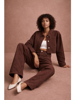 Baklava Desenli Kahverengi Kısa Kot Ceket