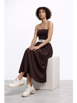 Lastik Detaylı Fitilli Kahverengi Uzun Elbise