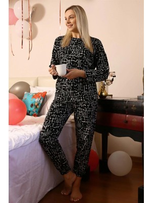 Çamaşır Kenti Kadın Uzun Kol 3 Iplik Penye Pijama Takım Siyah