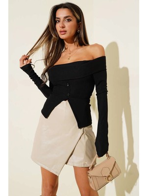 Dua Giyim Madonna Yaka Düğmeli Bluz Siyah