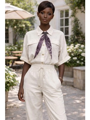 Fular Detaylı Büzgülü Kısa Bej Gömlek