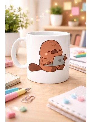 Nexgen Sevimli Ornitorenk Tasarımlı Porselen Kupa Model 116 – Laptoplu Tatlı Hayvan Figürlü Kahve Ku