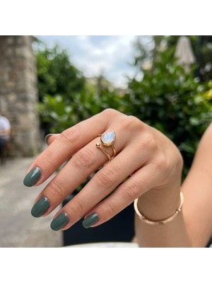 Museum Of You Doğal Ay Taşı Detaylı 14 Ayar Altın Kaplama Tasarım Yüzük - El Yapımı - Ayarlanabilir