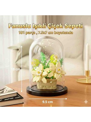 Kobe Fanuslu Işıklı LEGO Tarzı Çiçek Sepeti Yapı Blok Seti – 181 Parça, LED Peri Işıklı Fanus 13 cm