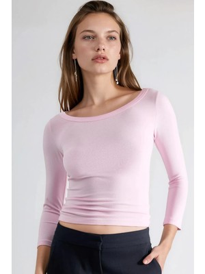 Hiccup Kadın Busem Yuvarlak Yakalı Fitilli Uzun Kollu Bluz Toz Pembe