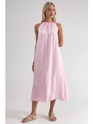 Hiccup Kadın Busem Halter Yaka Midi Elbise Toz Pembe