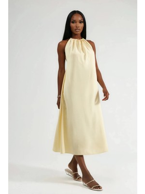 Hiccup Kadın Busem Halter Yaka Midi Elbise Limon Sarısı