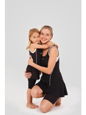 Alfasa Tenis Baskı Süslemeli Sıfır Kol Şort Taytlı Kız Çocuk Mayo 24105 Siyah