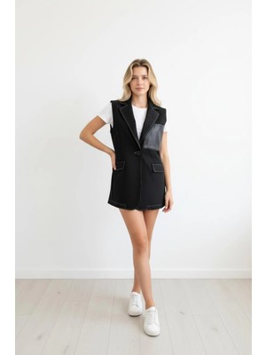 Margaret Deri ve Dikiş Detaylı Siyah Yelek