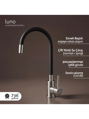 Deante LUNO Mutfak Bataryası – Esnek Uçlu, Çift Akışlı, Sessiz Akış, Siyah-Çelik
