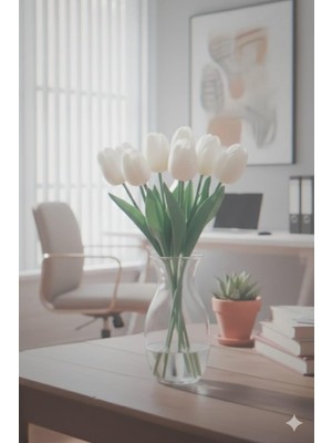 Yapay Lüks Islak Görünümlü Beyaz 8li Islak Lale Buketi