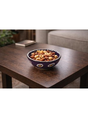 Nazar Boncuklu Seramik Çerezlik Kase 12 cm – El Yapımı Dekoratif Zeytin ve Çerez Kasesi Kahvaltılık Sunumluk