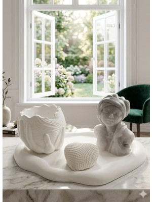 Doğal Beton El Yapımı Buket Vazo, Kalp Objeli Mermer Desenli Sunum Tepsisi ve Kadın Büstü Mum Seti