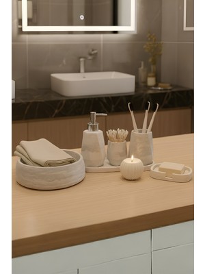 Özbience Mermer Dokulu 7 Parça Lüks Banyo Seti: Sabunluk, Fırçalık, Havluluk, Tepsi, Mumluk