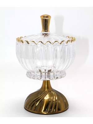 Eco Port Metal Ayaklı Kristal Cam Şekerlik Gold Detaylı Sunumluk ALK4871