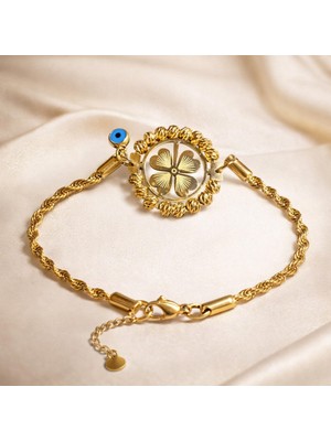 Gold Çelik Yonca Bileklik – Nazar Boncuklu Kararmaz Kadın Bileklik