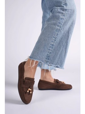 Mevese Brassel Kadın Acı Kahve Süet Boncuk Detaylı Püsküllü Loafer Ayakkabı Rahat Günlük