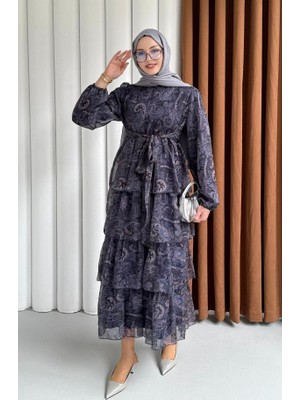 Molly Nelly Kadın Kat Etnik Desen Baskılı Astarlı Uzun Elbise