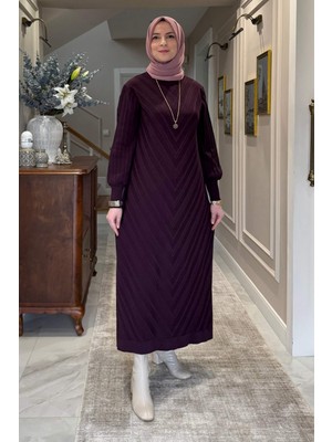 Rabia Şamlı Yağmur Triko Elbise Mürdüm