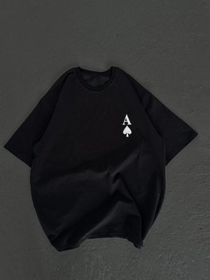 Marsilyan Bisiklet Yaka Baskılı Oversize T-Shirt - Siyah -