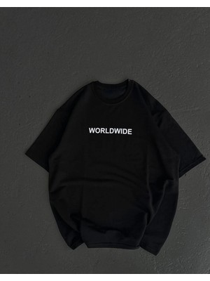 Marsilyan Bisiklet Yaka Baskılı Oversize T-Shirt - Siyah -