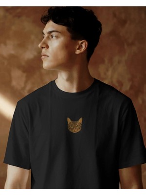 Muhtar Store Erkek Tekir Kedi Baskılı Oversize Tişört – Minimal Tabby Cat Tasarım