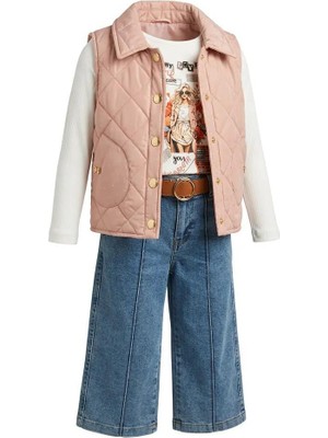 Mutlu Bebe Kız Çocuk Bayramlık 3’lü Takım Kapitoneli Yelekli Baskılı Uzun Kollu Tişört Kemerli Kot Pantolon