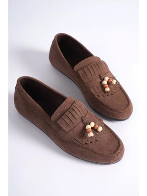 Trendella Kadın Acı Kahve Süet Boncuk Detaylı Püsküllü Loafer Ayakkabı Rahat Günlük TR19MS03C
