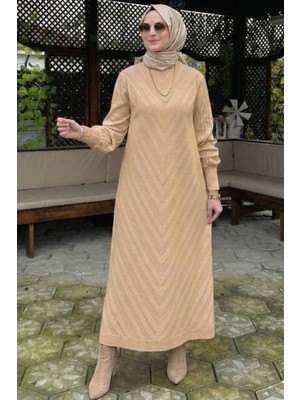 Rabia Şamlı Yağmur Triko Elbise Bej