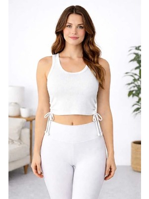 Poodle Çift Omuz Geniş Askılı Crop - Beyaz