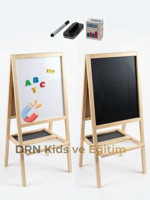 Drn Kids ve Eğitim Çift Taraflı Manyetik Özellikli Ahşap Yazı Tahtası ,15 Renkli Tebeşir,silgi ve Kalem Hediyesidir