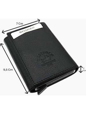 Westpolo Hakiki Deri Kağıt Para Bölmeli Unisex Mekanizmalı Cüzdan - Siyah