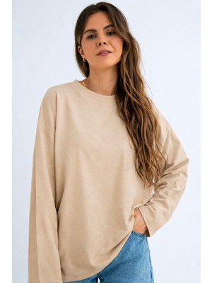 Guaraz Kadın Relax Fit Rahat Kesim %100 Pamuk Uzun Kollu Bisiklet Yaka Basic Tişört