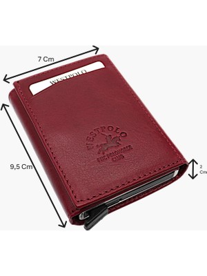 Westpolo Hakiki Deri Kağıt Para Bölmeli Unisex Mekanizmalı Cüzdan - Bordo