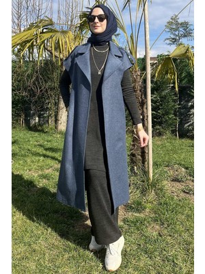 Rabia Şamlı Indigo Yelek Tekstil Kumaş ve Şık Apoletli Deseni ile Kadınlar İçin Moda