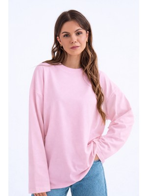 Guaraz Kadın Relax Fit Rahat Kesim %100 Pamuk Uzun Kollu Bisiklet Yaka Basic Tişört