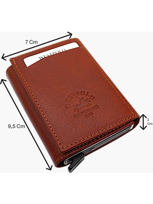 Westpolo Hakiki Deri Kağıt Para Bölmeli Unisex Mekanizmalı Cüzdan - Taba